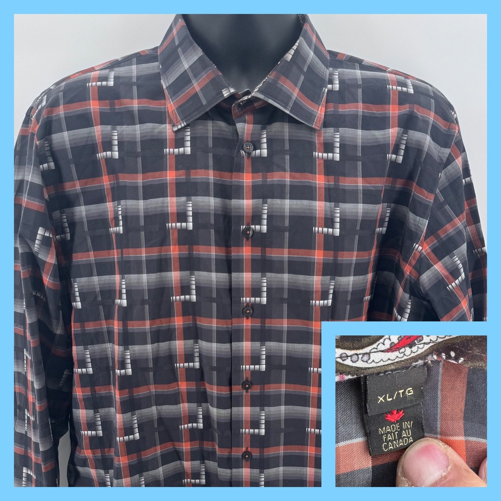 Lipson Sport Mens XL TG Plaid‎ Button Down Shirt Orange Gray Black Unique Design